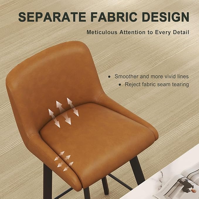 Swivel Counter Height Bar Stools Set of 4, 26''H Upholstered Barstools with Backs, Modern Bar Stool Chairs for Kitchen Island, Metal Legs, Faux Leather, Whiskey Brown Stools Counter Chair