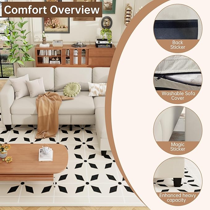 ZeeFu Sectional and Sofa Couches for Living Room - 78'' 3 Seater L-Shaped Modular Couch with Storage Ottoman - Modern Linen Fabric Upholstered Sofa Set for Small Space Apartment Office