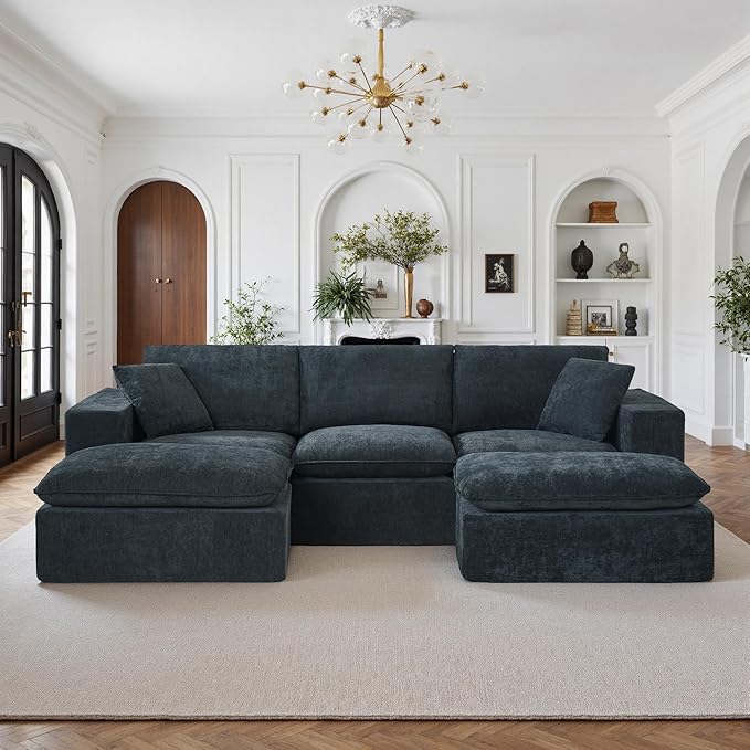 108" Sectional Couches for Living Room Boneless Couch Upholstered Cloud Couch Sectional Modular Sectional Sofa with L Shaped (Chenille-Blue, 3 Seat+2 Ottoman)