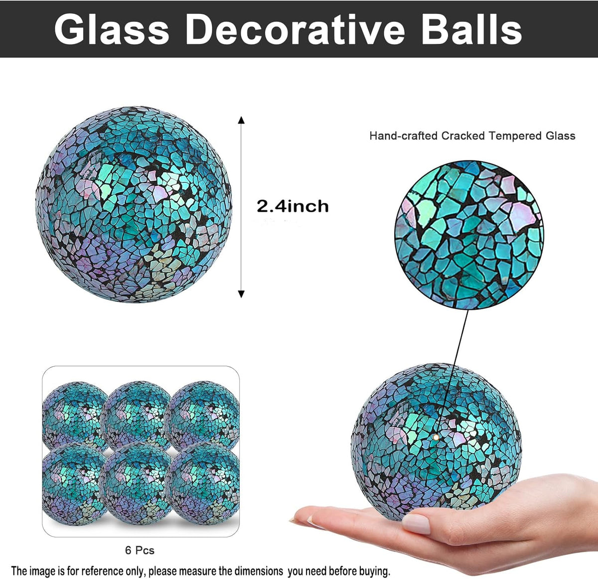 6pc Decorative Ball Set, 6cm/2.4in Mosaic Glass Orbs Centerpiece Balls for Decorating Tables & Wedding Parties (Dazzle Blue)