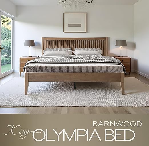King Size Bed Frame, Solid Wood Platform Bed with Headboard & Footboard, 12 Sturdy Slatted, Central Metal Legs, Easy Assembly, Noise & Anti-Slip, No Box Spring Needed, Barnwood Finish, OLK-30