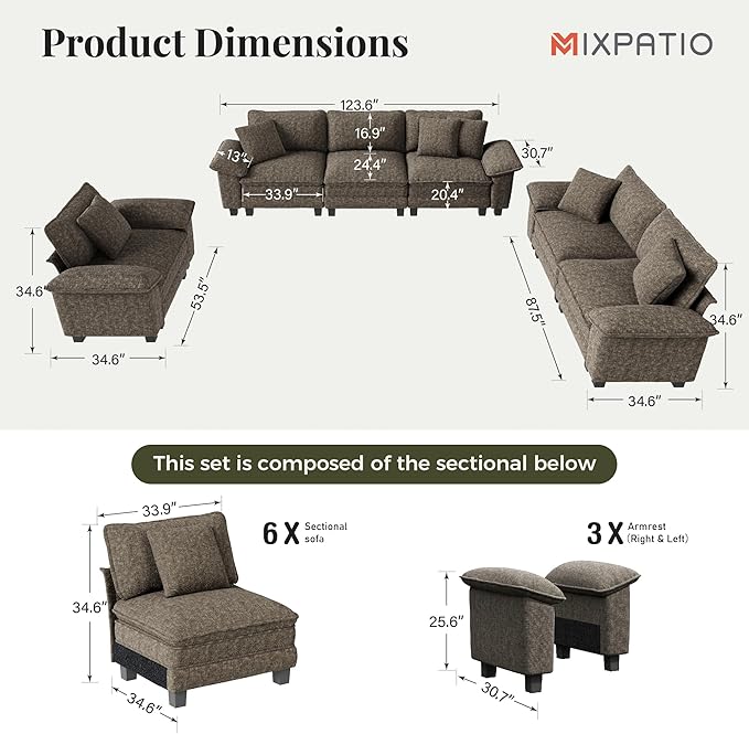 U-Shaped Cloud Modular Sofa Set, Deep Seat 3-Piece 6-Seater Sectional Couch & Removable Arms, Plush Chenille for Living Room - Smoky Gray