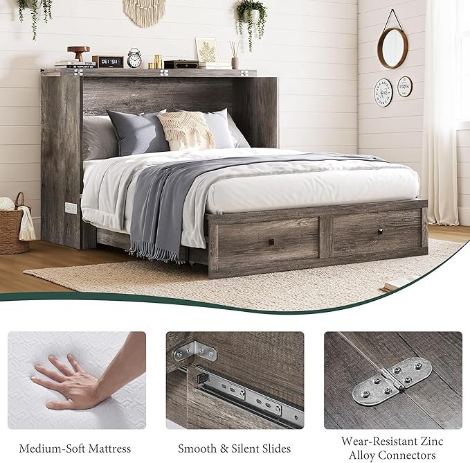 Full Murphy Bed with 6" White Tri-Fold Memory Foam Mattress, Storage Drawer & Charging Station, Space-Saving Design for Home Office or Guest Room, Rustic Grey