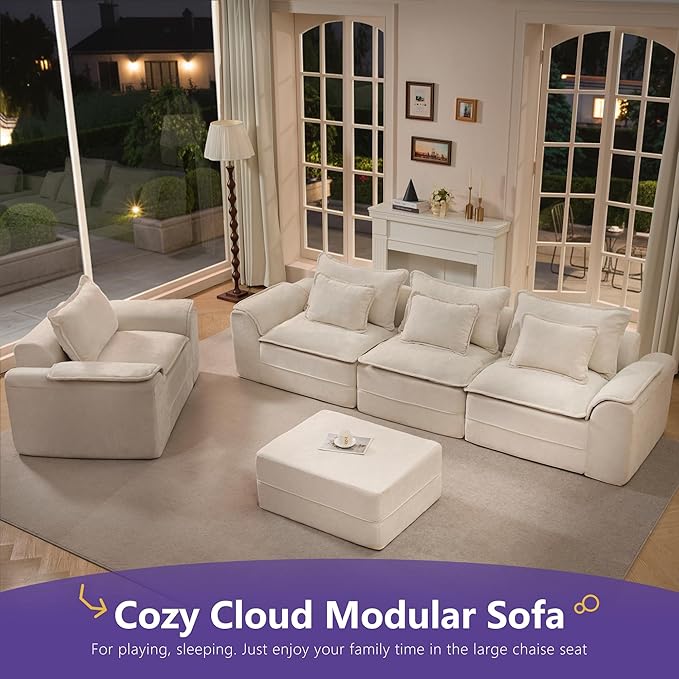 Hobestluk 120" Cloud Modular Sectional Couch 3-Seater Sofa with Ottomans U Shaped Couch Deep Seat Sofa with Removable Cover Large Sofa for Living Room (Beige, 3-Seater Sofa with Two Ottomans)