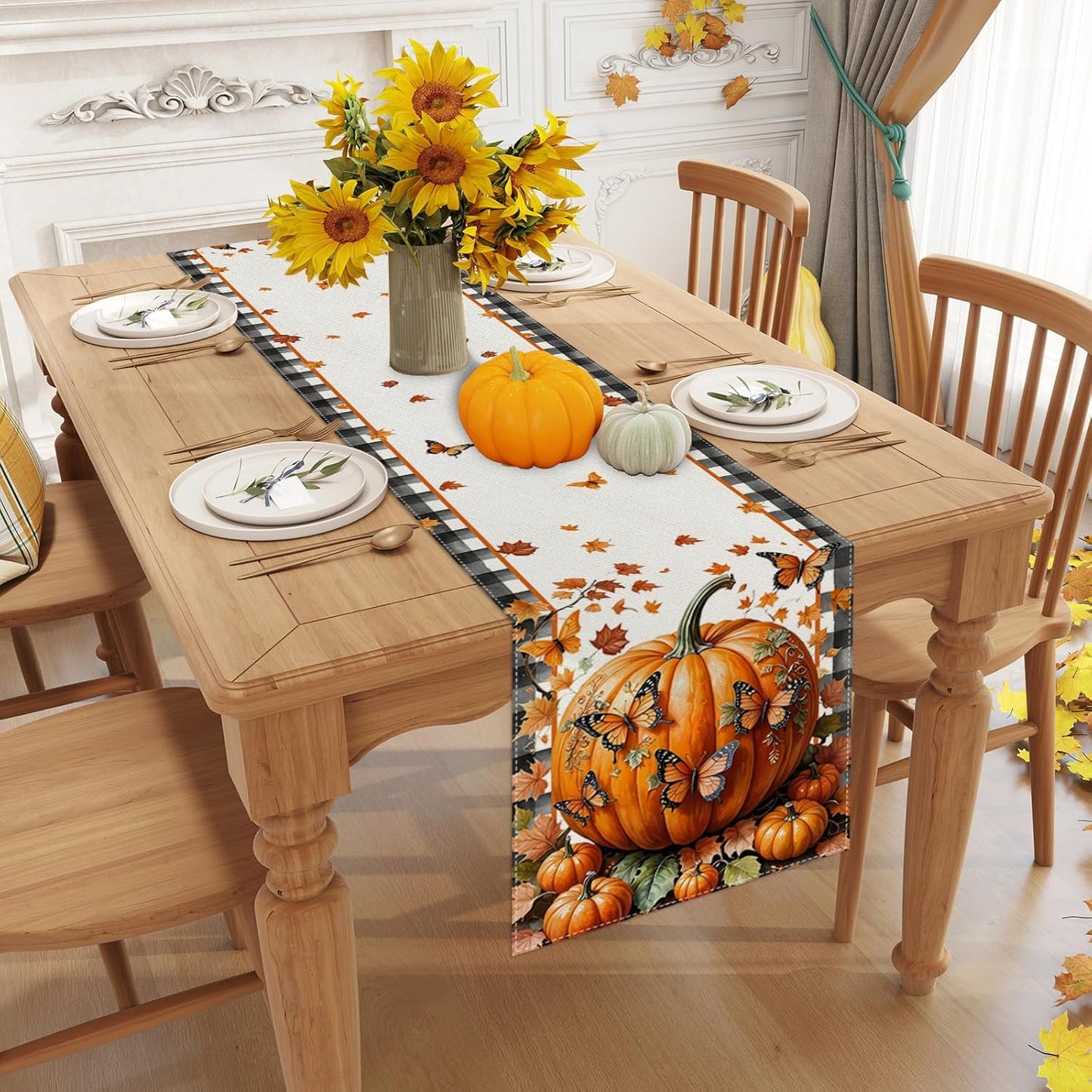 Linen Black and White Buffalo Check Plaid Fall Table Runner 48 Inches Long, Fall Leaves Pumpkin Butterfly Home Kitchen Table Decor, Farmhouse Autumn Thanksgiving Harvest Festival Decorations for Home