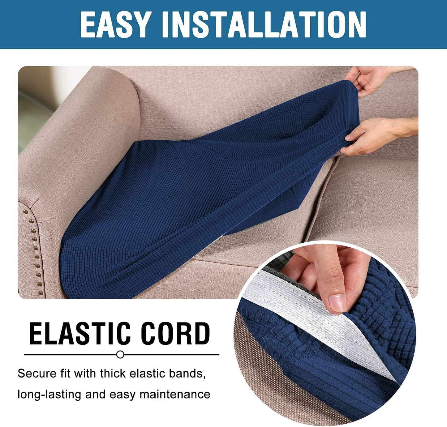 H.VERSAILTEX Super Stretch Individual Seat Cushion Covers - 2 Piece Large Sofa Cushion Covers, Navy, Thick Jacquard Textured Twill Fabric Sets