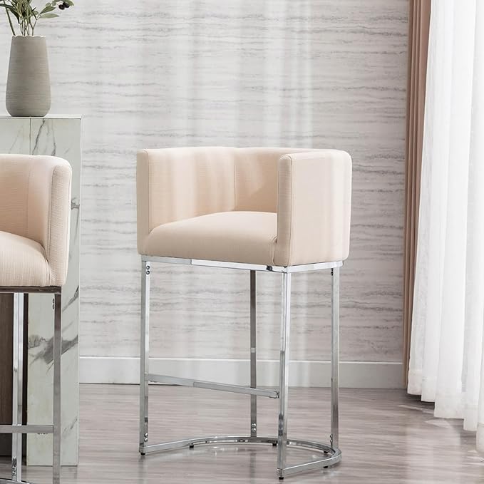 Contemporary Cream Linen Bar Stool, 29" Upholstered Fabric Counter Height Barstool Kitchen Counter Island Stool with Screwed Together Chrome Finish Base