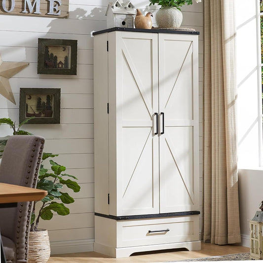 72" Farmhouse Kitchen Pantry Cabinet with Drawer, Tall Storage Cabinet with 2 Barn Doors and Shelves, Versatile Large Rustic Cupboard for Dining Room, Bathroom, Living Room, Laudry, White