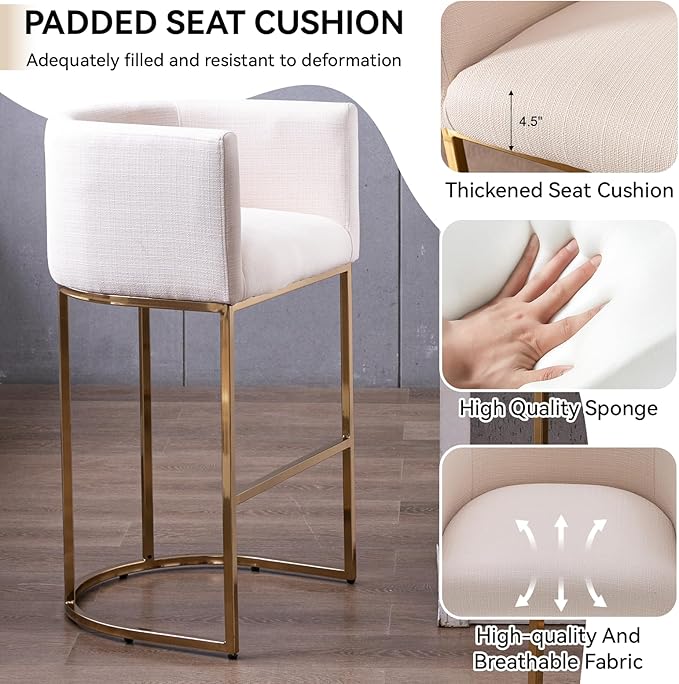Contemporary Cream Linen Bar Stools Set of 2, 32" Upholstered Fabric Counter Height Barstool Kitchen Counter Island Stools with Golden Metal Base