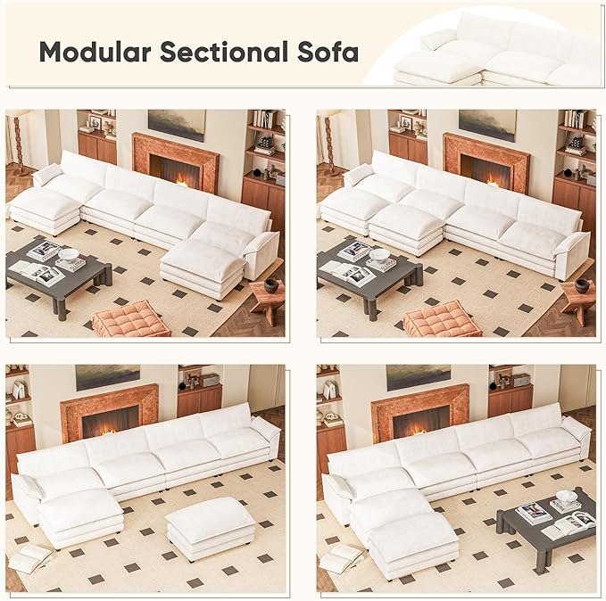 Furniwell Modular Sectional Sofa with Moveable Ottoman, Oversized 3-Seater Couch with Supportive Backrest, Chenille Convertible Sofa Couches for Living Room/Apartment (Whtie, U Shaped)