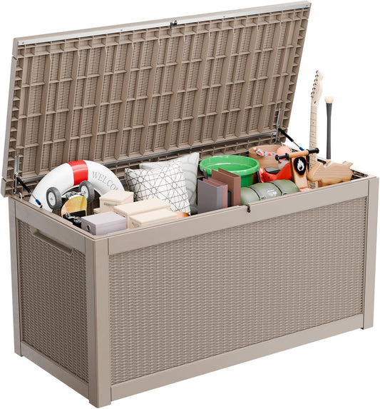 Vixzen 260 Gallon Resin Deck Box, Lockable Outdoor Storage Box for Patio Cushions Storage Furniture,Garden Tools, Pool Supplies, Weatherproof and UV Resistant- Grey