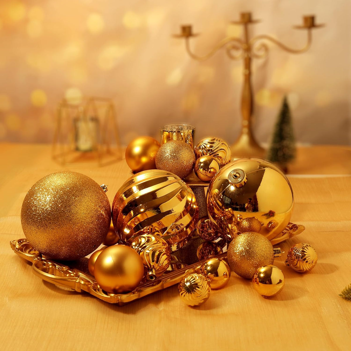 Christmas Ball Ornaments for Xmas Decorations,50 pcs Christmas Extra Large Tree Shatterproof Ornaments-Gold (Combo of 5 Style in 3 Sizes)