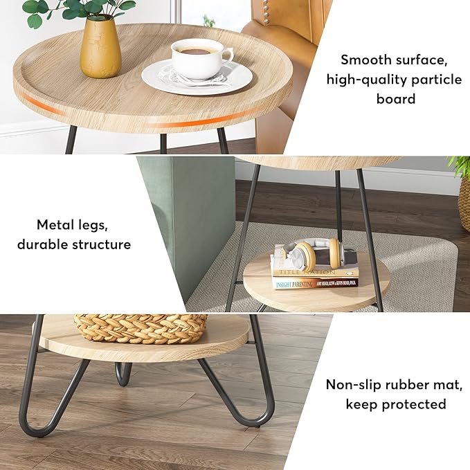 Tribesigns Set of 2 Round Side Table, 2-Tier End Table with Metal Legs, Modern Industrial Beside Table, Small Accent Table Snack Table for Living Room, Bedroom, Small Space, Wood Color