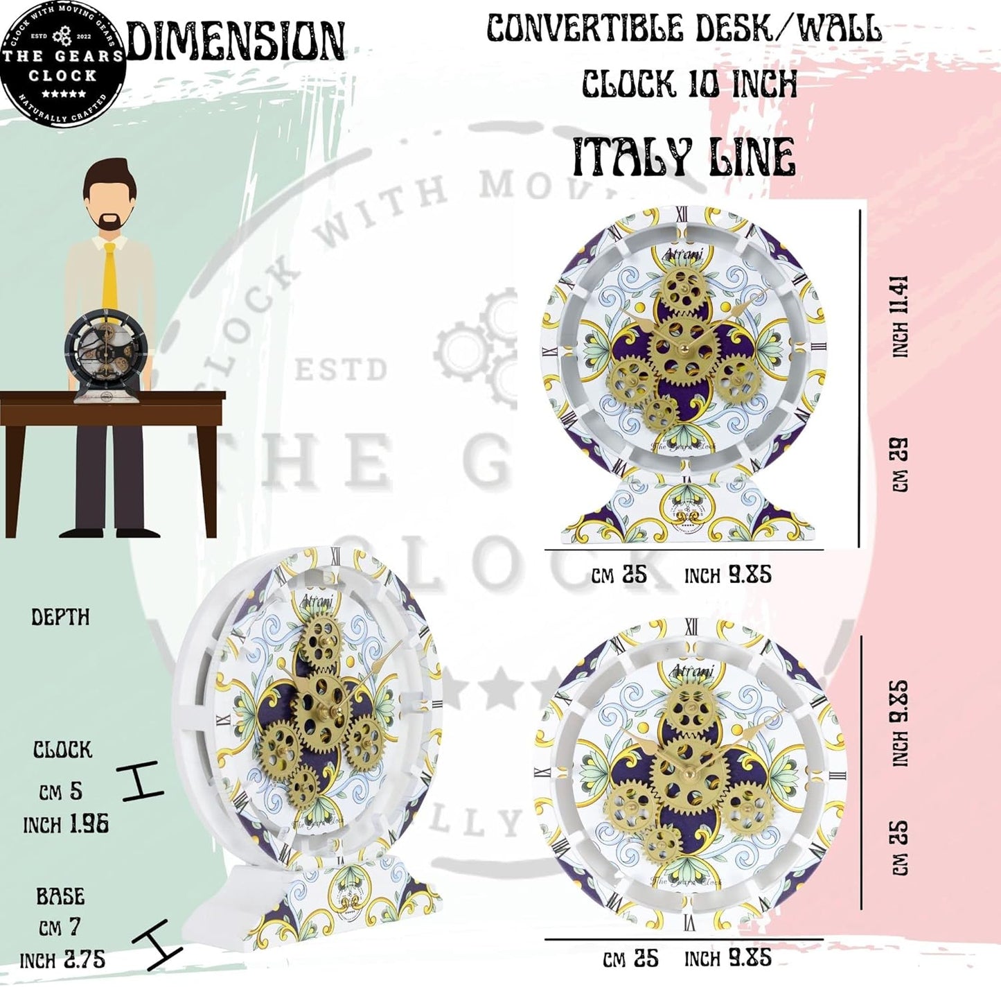 The Gears Clock Wall Clock Italy Collection with Moving Gears (Positano, 10 inch Round)