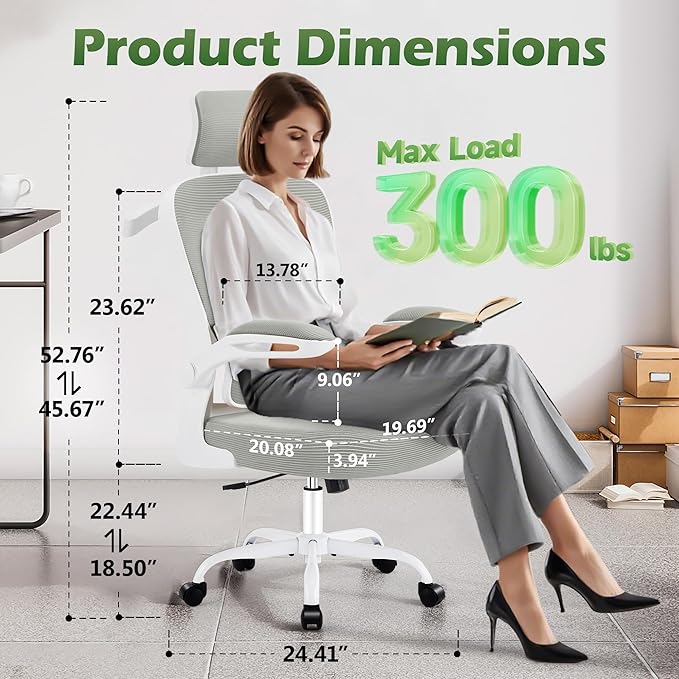 Office Chair Ergonomic Desk Chairs with Adjustable Lumbar Support& Headrest Hanger, High Back Breathable Mesh Chair with Wheels, Rolling Swivel Comfy Task Computer Chair for Home Work Gaming