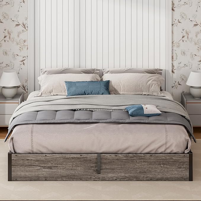 Lift Up Storage Bed Frame, King Size Wooden Platform Bed with Large Storage Underneath, No Box Spring Needed, Noise Free, Rustic Grey