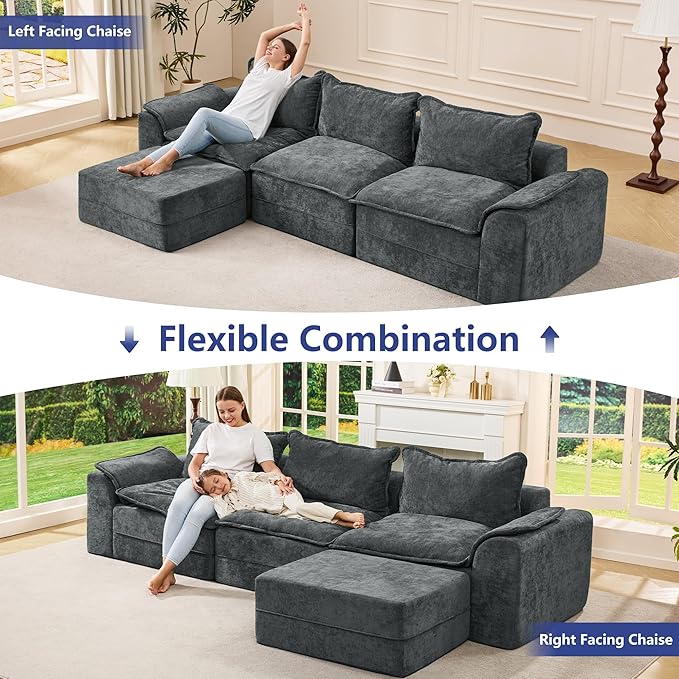 Hobestluk 120" Cloud Modular Sectional Couch 3-Seater Sofa with Ottoman L Shaped Sofa with Removable Cover Large Sofa Couch for Living Room (Blue Grey, 3-Seater Sofa with One Ottoman)