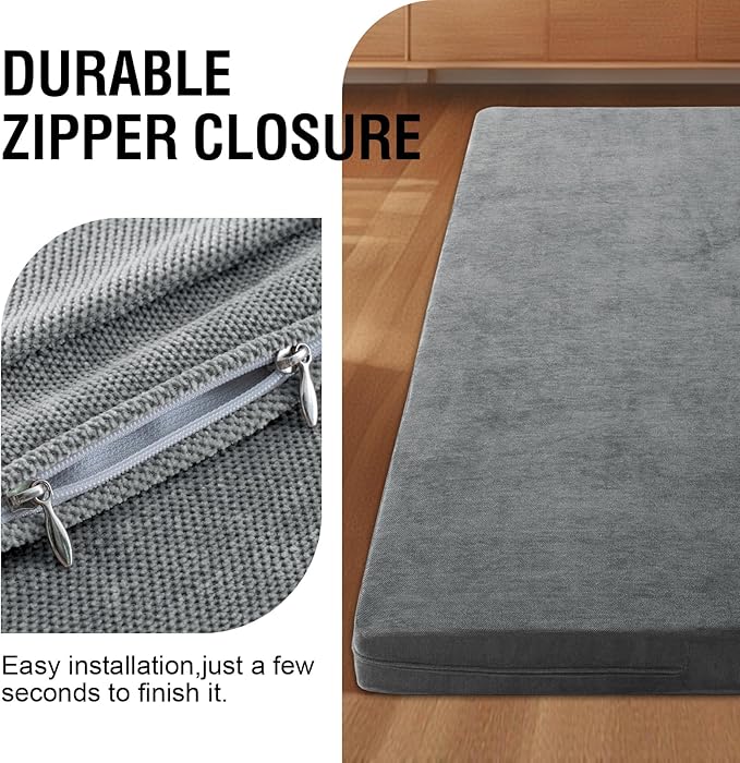 H.VERSAILTEX Queen Size Armless Futon Mattress Covers for Traditional Japanese Futon Mattress Soft Chenille Couch Slipcovers Floor Mats Sofa Protector Zippered Sleeper Sofa Cover,Grey