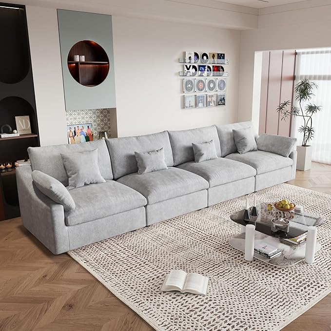 JACH Sectional Couches for Living Room, 4 Seater Cloud Sectional Couch with Deep Seat, Down Filled Modular Sofa, Covers Removeable & Washable, Sofas Furniture for Living Room, Light Grey