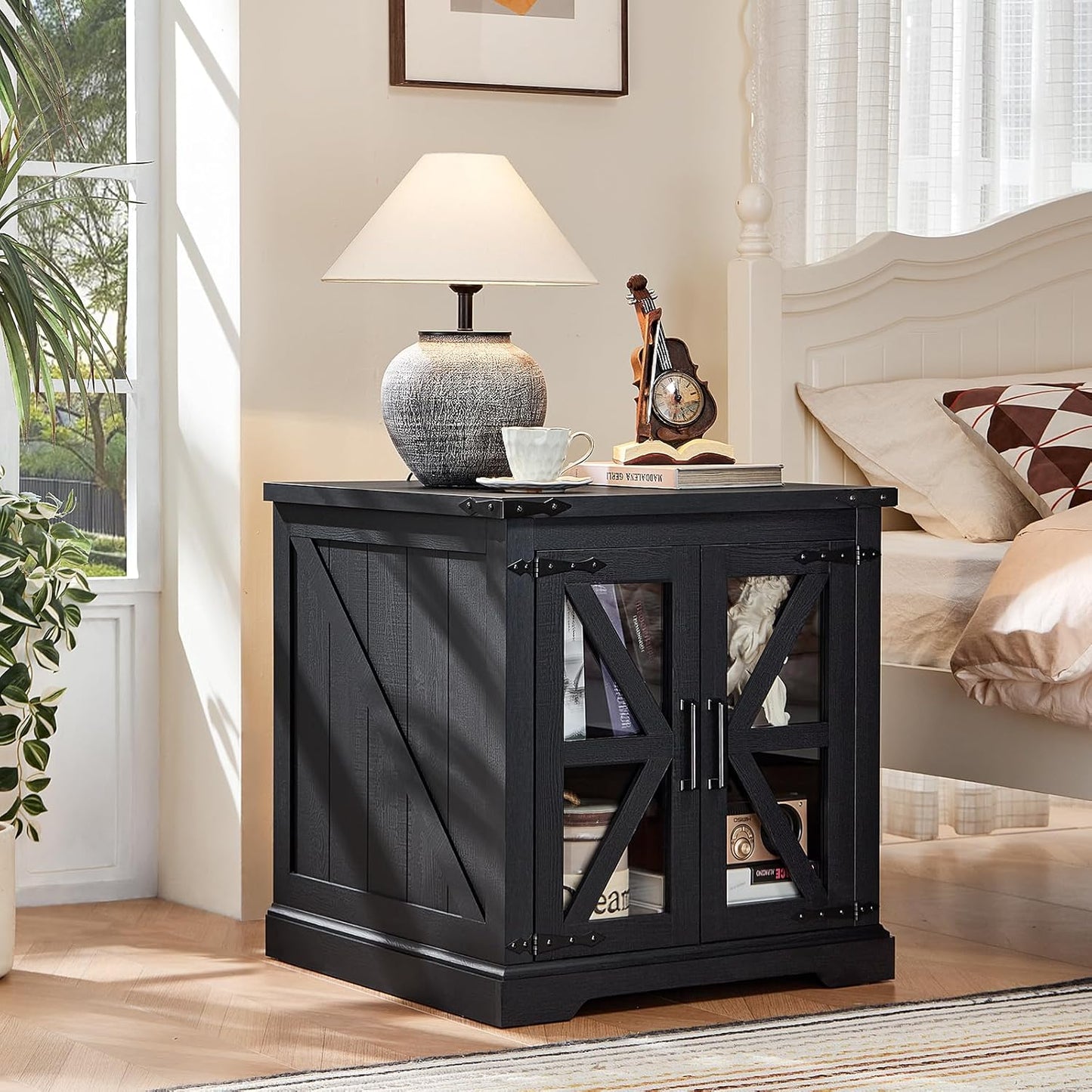 24" End Table Set of 2 with Charging Station, Farmhouse Night Stand with Glass Barn Door, Nightstands with Adjustable Storage Shelf, Large Wood Square Bed Side Table for Living Room,Bedroom