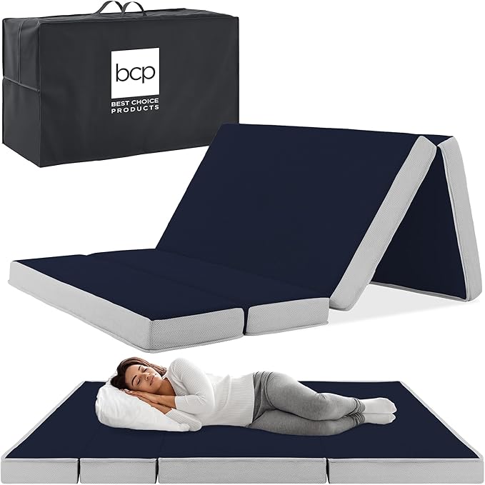 Best Choice Products 4in Portable Queen-Size Mattress, Tri-Fold Mattress for Camping, Guest, Toddler, Foam Plush w/Carry Case - Midnight Blue