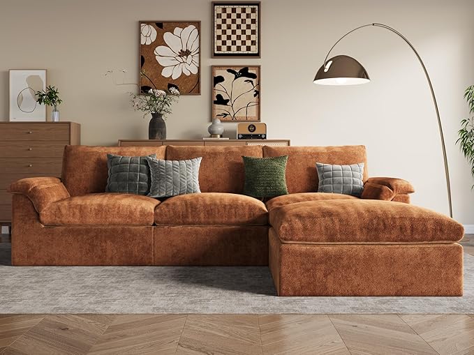 EASE MOOSE Oversized Sectional Cloud Couch for Living Room, Modular Boneless Sofa L-Shaped, Cloud Sofa Set with Fluffy Foam, 4-Seater Comfy Sofas with Ottoman for Bedroom Apartment, Chenille (Brown)