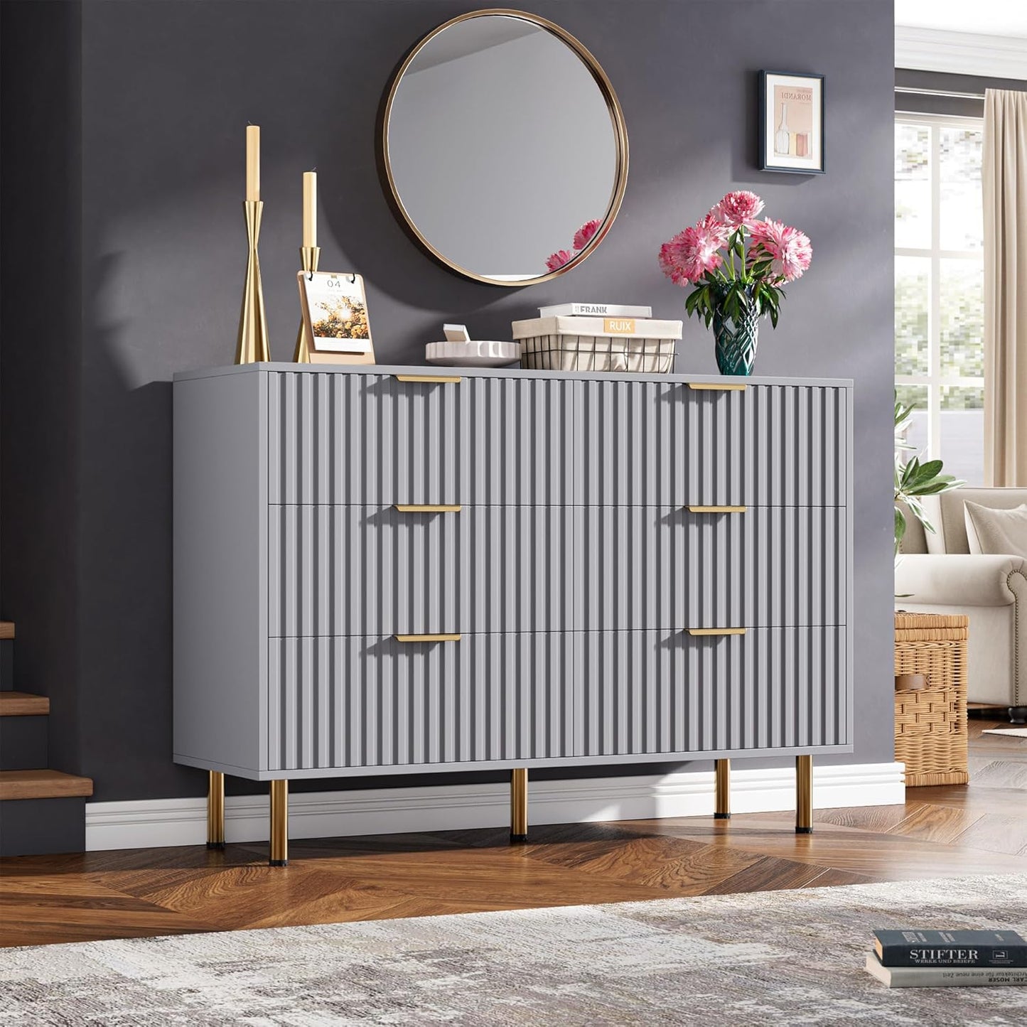 6 Drawer Dresser for Bedroom, Fluted 47.2" Wide Modern Chest of Drawers with Deep Drawers, Long Large Double Dresser TV Stand, Wooden Dresser Organizer for Living Room, Hallway, Kids Room, Grey