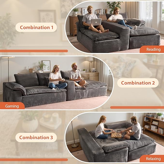 113 in Oversized Cloud Sofa with L Shape Chaise, Sectional Couches for Living Room, Assembly Free Modular Comfy Corduroy Sofa with Right Facing Chaise Longue for Home Apartment (Right Chaise, Gray)