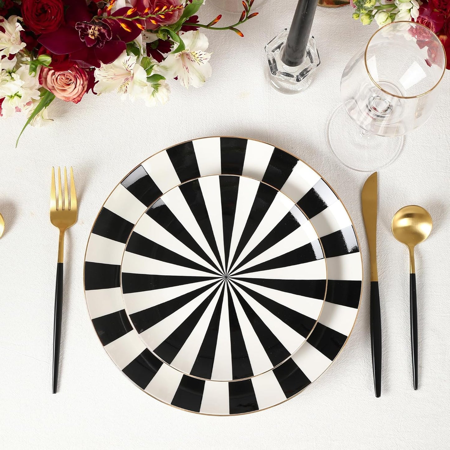 Christian Siriano Empire Porcelain Dinnerware, 12-Piece Plates and Bowls Set, Black and White Dish Set for 4, Gold Trim, Hand Wash Only