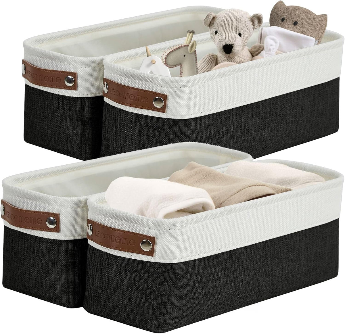 DECOMOMO Narrow Storage Bins Small Baskets for Organizing Bathroom, Toilet Tank, Towel Storage, Entryway, Gifts (Black and White - Set of 4)