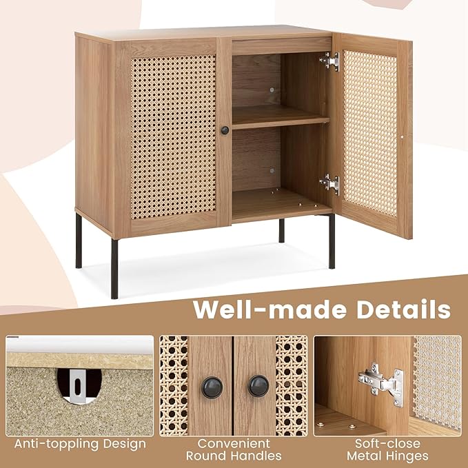 COSTWAY Buffet Cabinet with Storage, Storage Sideboard with Rattan Decorated Doors, Adjustable Shelf, Metal Legs, Accent Cabinet, Buffet Table Credenza for Hallway, Entryway, Living Room (2, Oak)