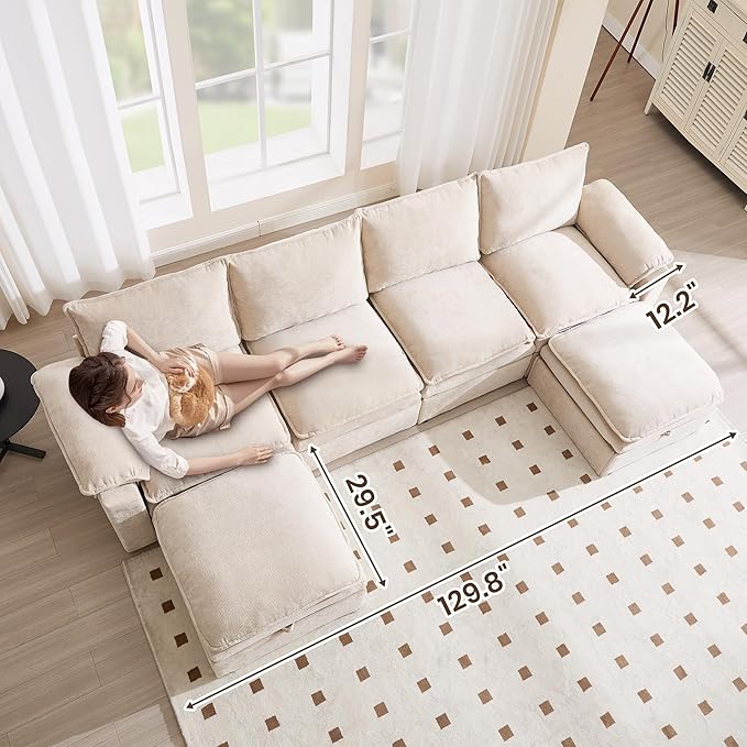 130" U Shaped Modular Sectional Sofa, Couch with Ottoman Storage, Chenille Cloud Couch with Plush Deep Seating for Living Room, Bedroom (8 Seat, Beige)
