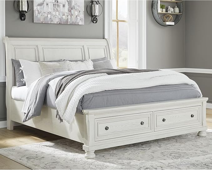 Signature Design by Ashley Robbinsdale Casual King Sleigh Platform Bed with 2 Drawers, Foundation or Box Spring Not Needed, White