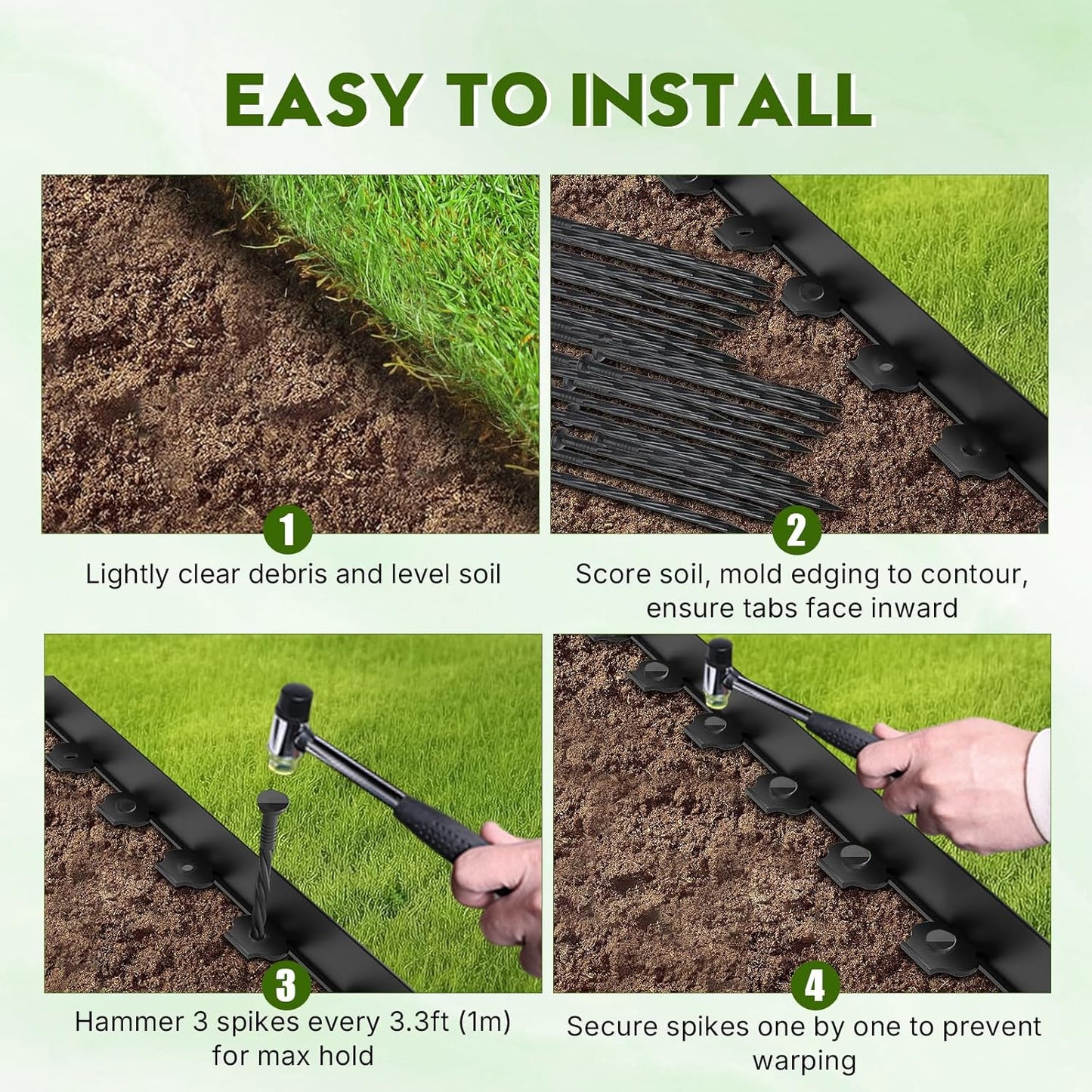 No Dig Landscape Edging 4" x 66FT Kit, Plastic Edging for Landscaping with 200 Spikes, for Garden, Lawn, Flower Beds and Yard
