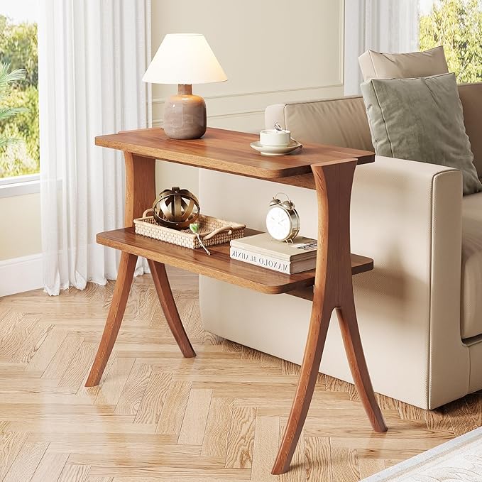 Tribesigns Walnut Side Table for Living Room, Narrow End Table with 2-Tier Storage Shelf and Solid Wood Legs, Slim Modern Bedside Table Nightstand for Bedroom, Small Spaces (1)