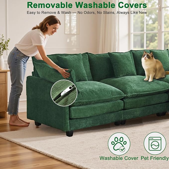 Expandable Modular Sectional Sofa with Ottoman, 111.4" Cloud Chenille U-Shape Couch, Reversible Chaise & 2nd Ottoman for Large Spaces, Deep Seat, Solid Wood Frame