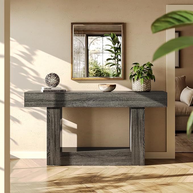 LITTLE TREE 63 Inches Long Console Table, 2-Tier Farmhouse Sofa Table Behind Couch, Large Narrow Entryway Table for Living Room, Wooden Hallway Foyer Table with Heavy Duty Base, Grey