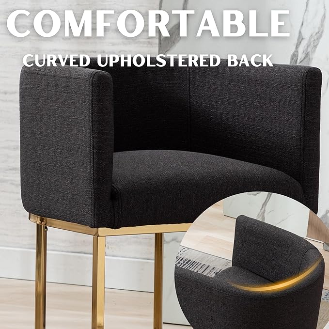Contemporary Charcoal Linen Bar Stools Set of 4, 24" Upholstered Fabric Counter Height Barstools Kitchen Counter Island Stools with Screwed Together Golden Metal Base