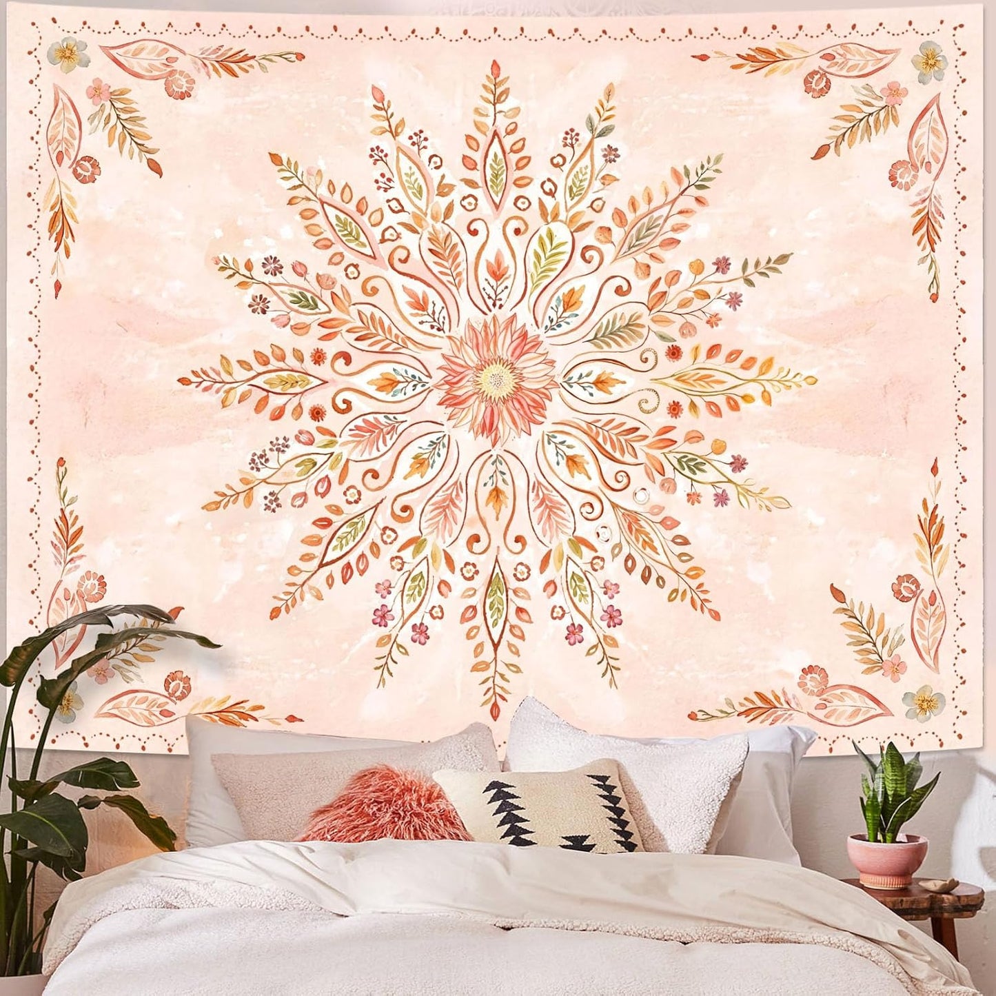 Lunerfex Floral Mandala Tapestry Boho Tapestry for Bedroom Orange Tapestries Wall Hanging Living Room Wall Art and Home Decor 44x60