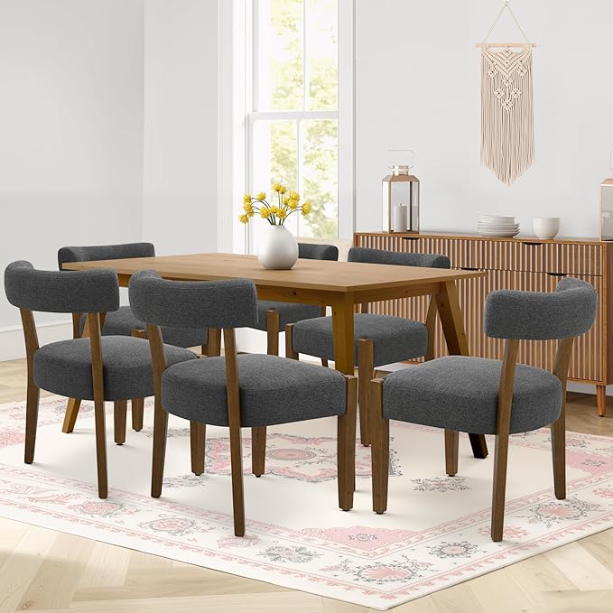 Modern Dining Chairs Set of 6, Walnut Upholstered Kitchen & Dining Room Chairs, Mid Century Wooden Dining Chairs Oversized Sturdy Fabric Rounded Chairs Curved Back, Dark Grey