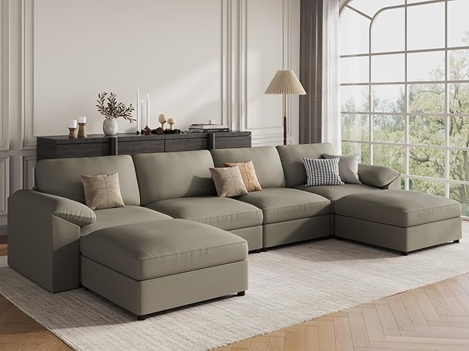 EASE MOOSE Oversized U Shaped Couch,Modular Sectional Convertible Sofa with Wide Deep,Extra Large Faux Leather Scratch Resistant Modern Couch for Big Spaces,Light Grey
