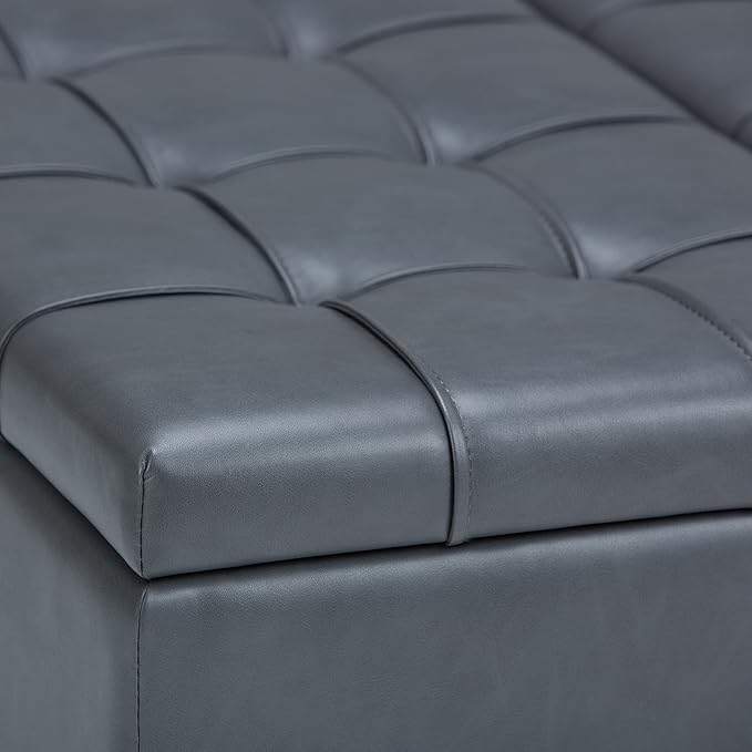 SIMPLIHOME Harrison 36 inch Wide Transitional Square Coffee Table Storage Ottoman in Stone Grey Vegan Faux Leather, Assembled, for the Living Room and Bedroom