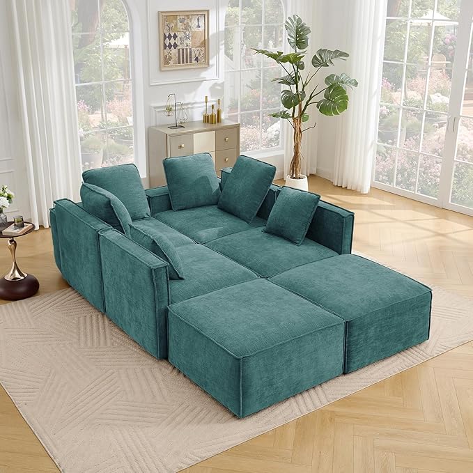 WILLOVE 141'' Modular Sectional Sofa, Chenille Cloud Couch with Wide Armrests & 6 Pillows, Deep Seat Couches for Living Room, Green