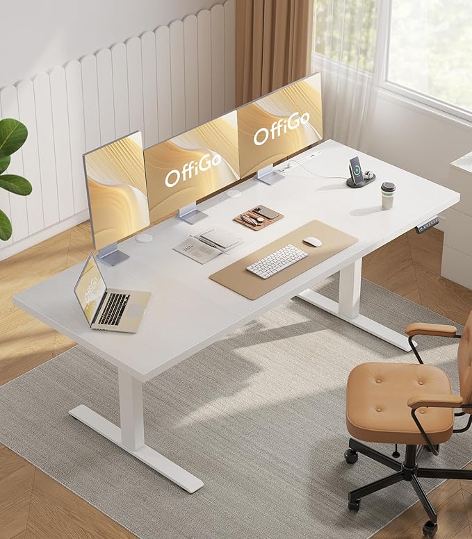 OffiGo Electric Standing Desk with 3-Piece Board, 79 Inch Height Adjustable Large Desk with Power Outlets, Sit Stand Table, Writing Computer Workstation for Home, Office, White