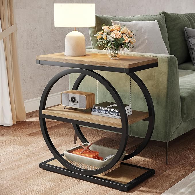 Tribesigns Side End Table with 3 Storage Shelves Set of 2, Industrial Sofa Table with Round Metal Frame for Living Room, Engineered Wood Nightstand for Bedroom, Oak