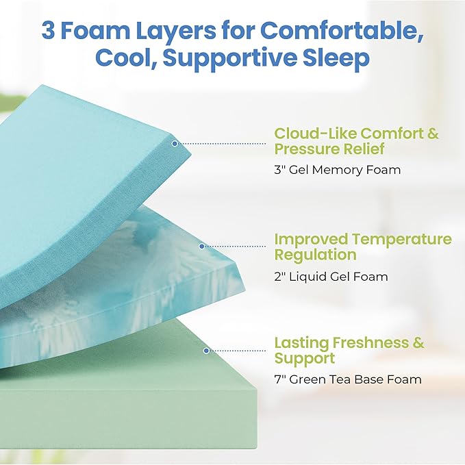 Yaheetech 12 Inch Twin Mattress 3 Foam Layer Cooling Gel Memory Foam Mattresses, Green Tea for Fresher Sleep, Medium Firm, CertiPUR-US Certified, No Fiberglass, Twin Size Mattress in a Box