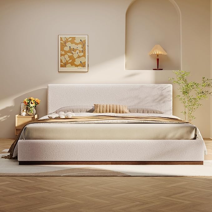Christopher Knight Home Bettine Boucle Rectangular King Size Headboard, Boucle Headboard and Footboard, Slat Panel Support Platform Bed, Kind Size Bed, No Spring Box Needed, Easy Assembly, White