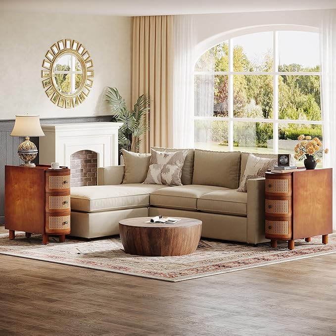 Tribesigns Solid Wood End Table Set of 2, 3-Drawer Rattan Side Table, Night Stand with 3 Rattan Drawers and Exquisite Embossed Handles for Living Room, No Assembly Required (Walnut & Oak)