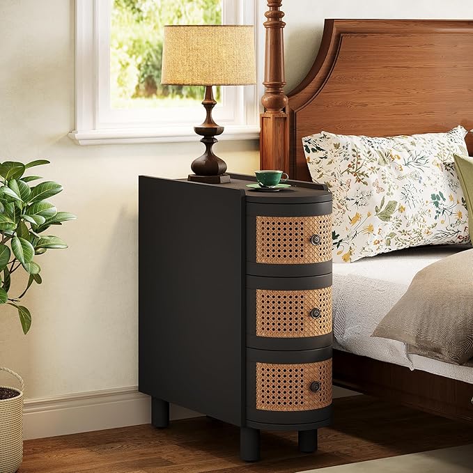 Tribesigns 3-Drawer Rattan End Table, Sofa Side Table with Vintage Embossed Handles, Slim Nightstand for Living Room, Bedroom, Finished Back, No Assembly (Black & Oak, 1 PC)
