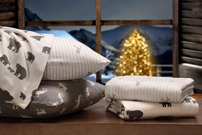 Eddie Bauer - Flannel Sheets Full Size, Anti-Pilling & Wrinkle Resistant Cotton, Touchably Soft for All-Season Comfort - Bed Sheets with Matching Pillowcases & Fitted Sheet (Bear Family Grey)